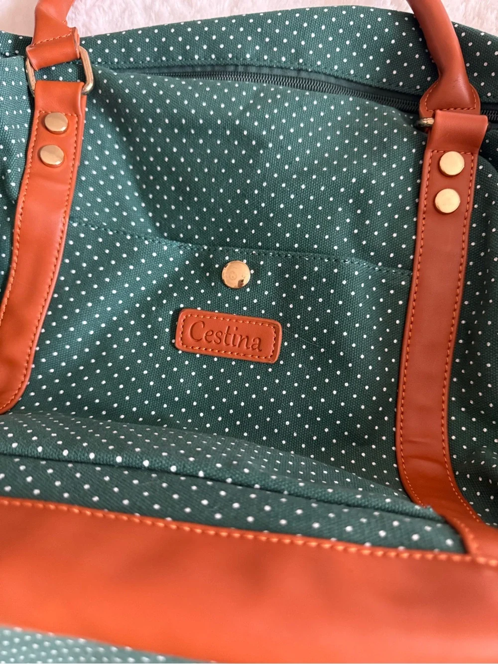 Canvas Polka Dot Travel Duffle Bag - Green with Tan Trim